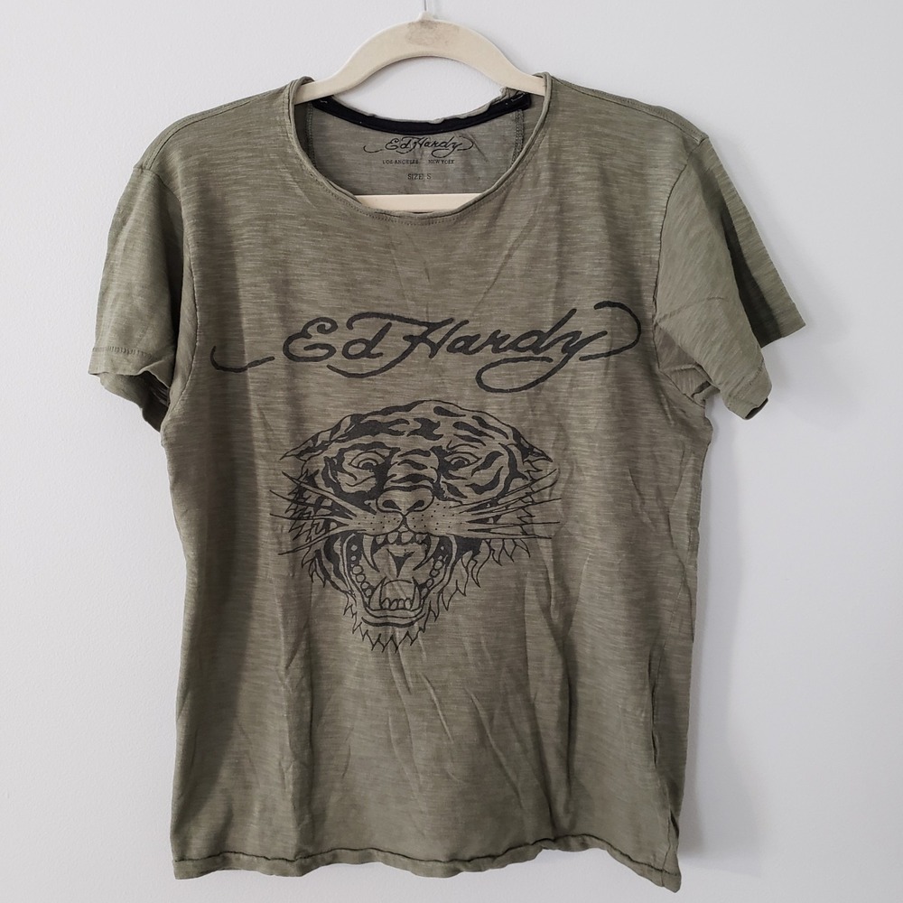 Ed Hardy Womens Graphic Tiger T-Shirt Top Small Grunge Logo Short Sleeve Green